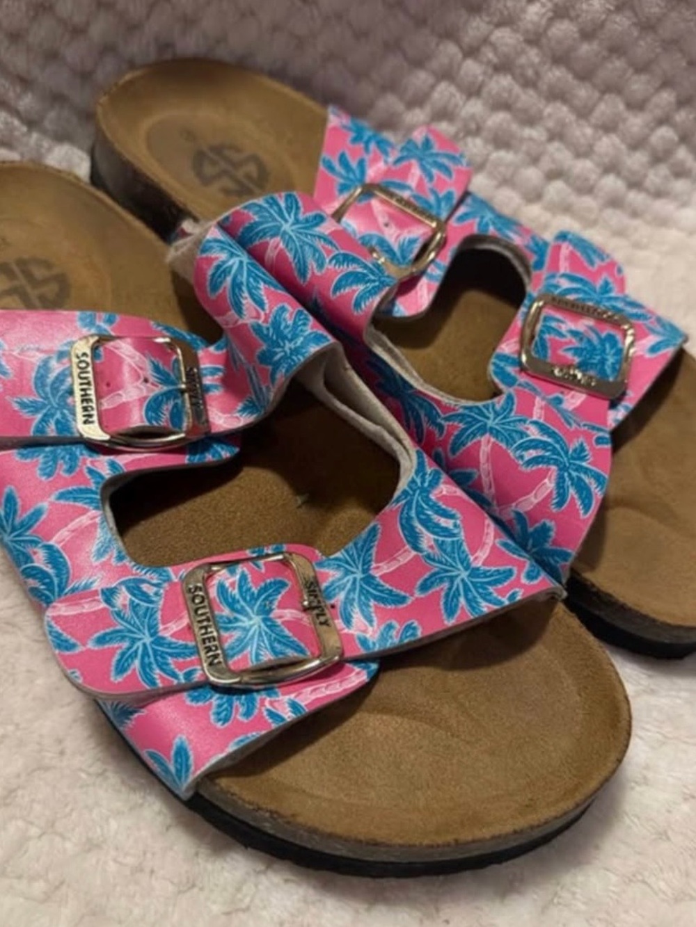 Simply Southern Pink Sandals with Blue Palm Print